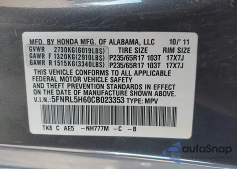 2012 Honda Odyssey Ex-L z USA, uszkodzony, nr VIN 5FNRL5H60CB023353